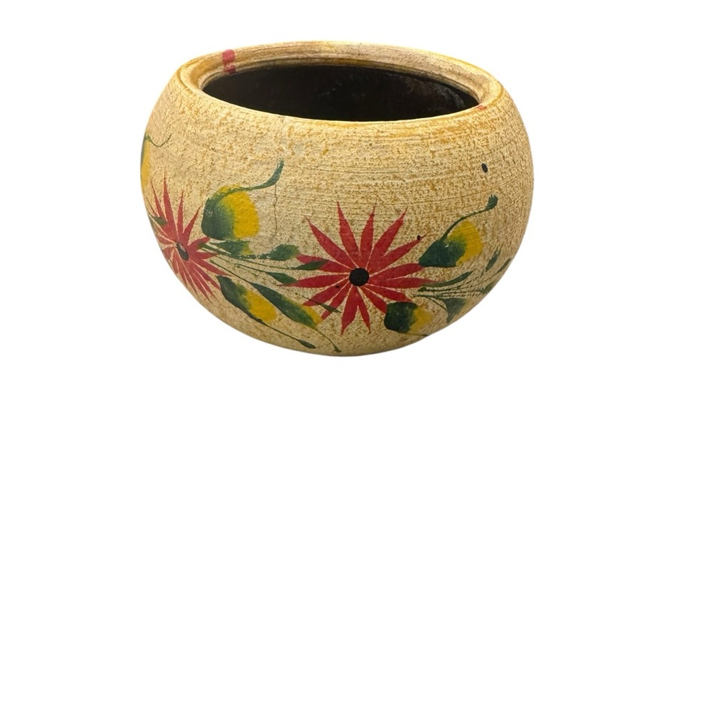 Artisan Beige Vase with Red and Green Floral Design